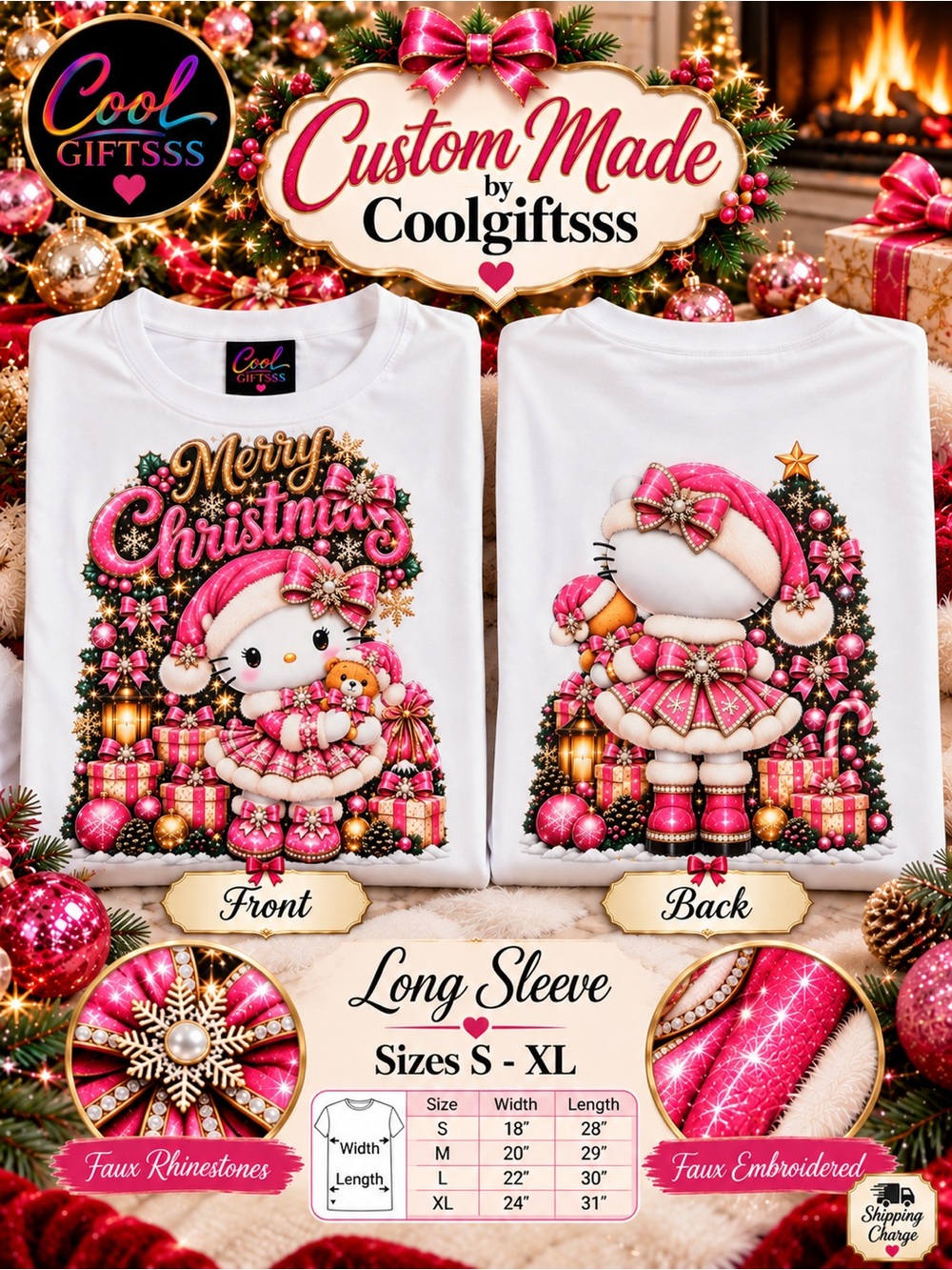 Hello Kitty Holiday Christmas T-Shirt Faux Embroidery & Faux Rhinestones pick 1 - Picture 12 of 16